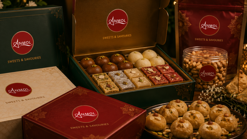 Anmol Sweet House gift boxes with mithai, samosas and savoury snacks