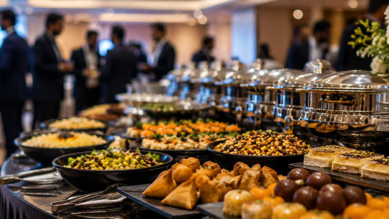 Corporate event buffet with Asian food, savouries and desserts