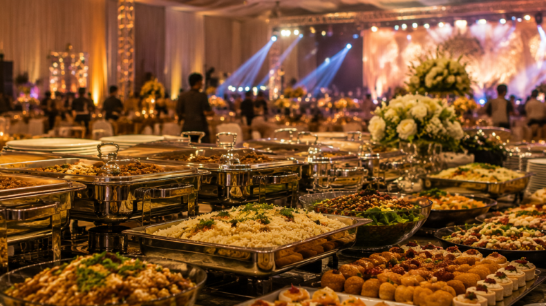 Large event catering buffet with rice, curries, starters and desserts