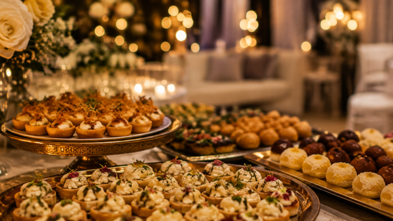 Elegant event buffet with South Asian appetisers, sweets and savoury dishes