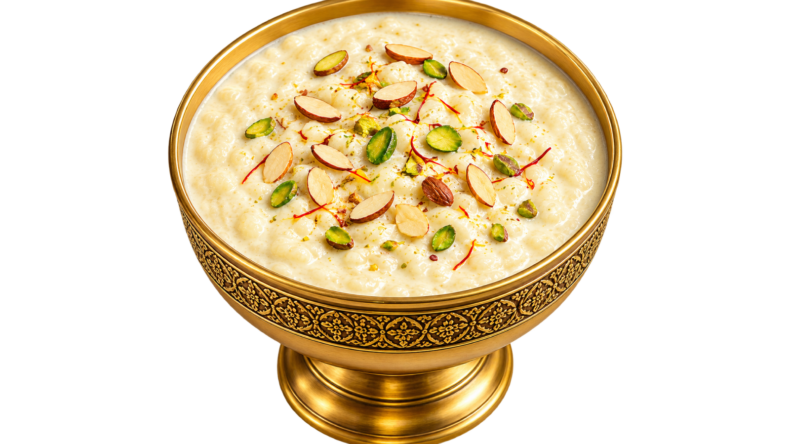 Cup of creamy Kheer with pistachios, almonds and saffron