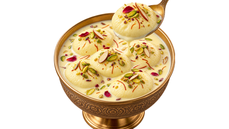Rasmalai with saffron milk, pistachios and almonds