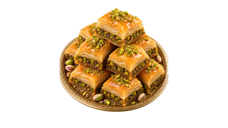 Golden Baklawa with pistachios and almond filling