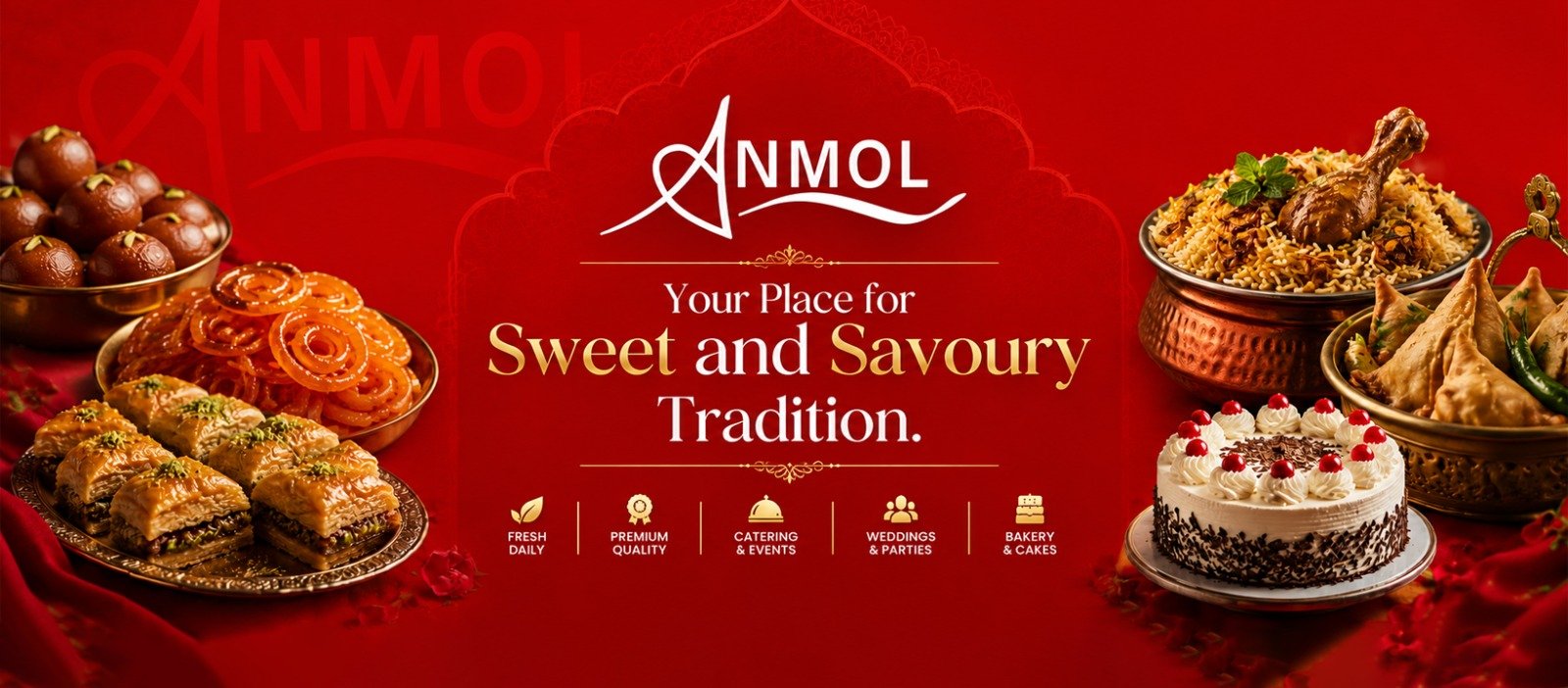 Anmol Sweet House banner featuring traditional sweets, biryani, samosas and cake
