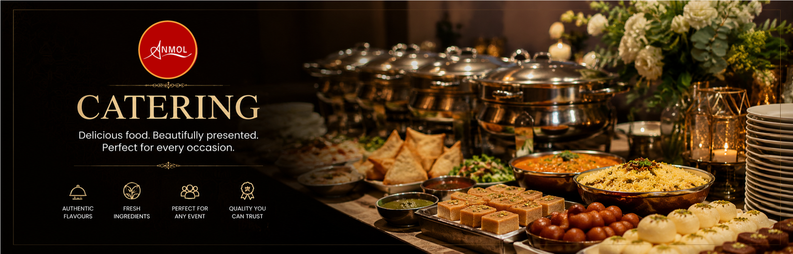 Anmol catering banner showing rice, curries, samosas and sweets beside buffet serving dishes