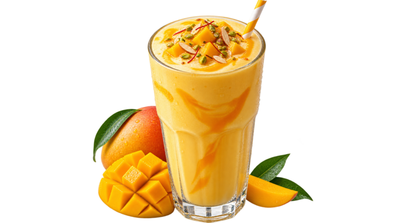 Mango lassi in a tall glass topped with mango pieces and chopped nuts