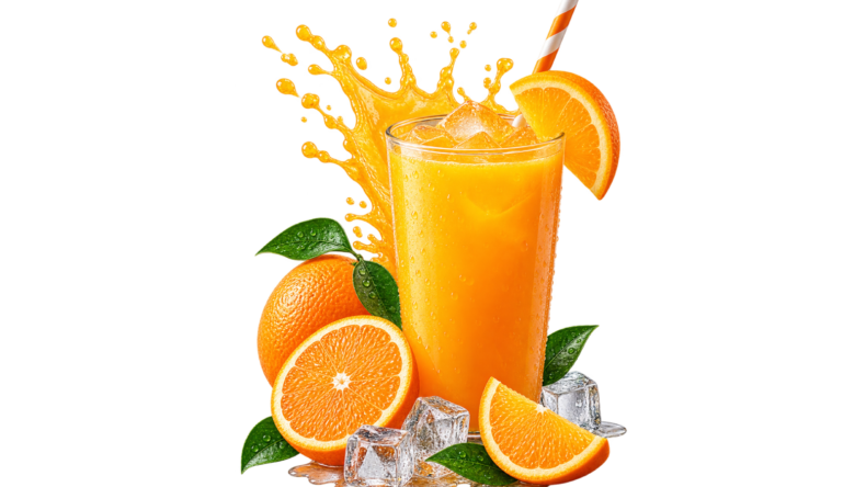 Glass of orange juice with an orange slice, striped straw and fresh oranges